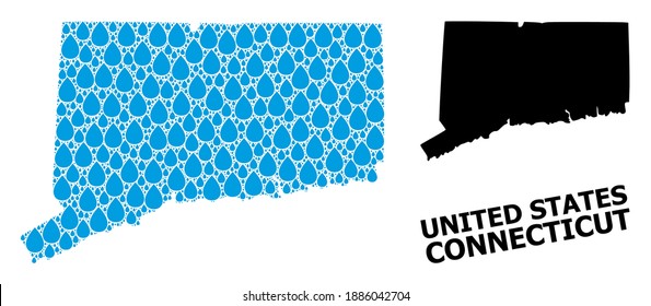Vector mosaic and solid map of Connecticut State. Map of Connecticut State vector mosaic for pure water ads. Map of Connecticut State is designed with blue pure liquid raindrops.
