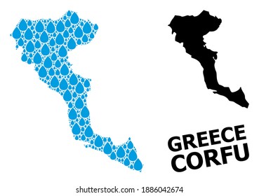 Vector mosaic and solid map of Corfu Island. Map of Corfu Island vector mosaic for drinking water ads. Map of Corfu Island is composed from blue clear aqua drops. Symbol for clear drinking water.