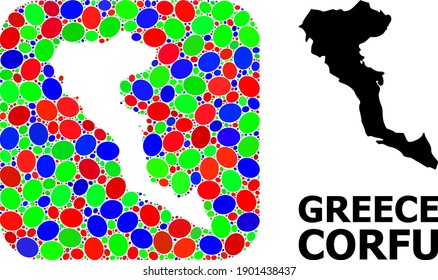 Vector mosaic and solid map of Corfu Island. Bright geographic map created as subtraction from rounded square with bright elliptic elements.
