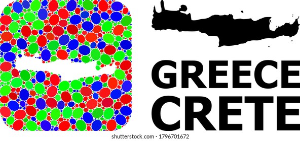 Vector mosaic and solid map of Crete Island. Bright geographic map designed as carved shape from rounded square with bright ovals. Mosaic map of Crete Island designed with ellipses in various sizes.