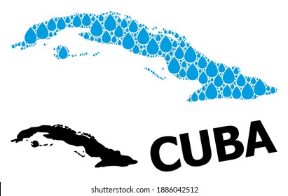 Vector mosaic and solid map of Cuba. Map of Cuba vector mosaic for drinking water ads. Map of Cuba is formed with blue clean aqua raindrops. Symbol of clean drinking water.