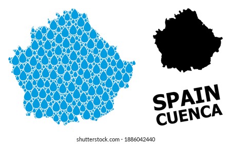 Vector mosaic and solid map of Cuenca Province. Map of Cuenca Province vector mosaic for clean water ads. Map of Cuenca Province is designed with blue clean liquid raindrops.