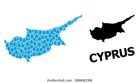 Vector mosaic and solid map of Cyprus Island. Map of Cyprus Island vector mosaic for drinking water ads. Map of Cyprus Island is designed with blue clean water dews. Symbol of clear drinking water.