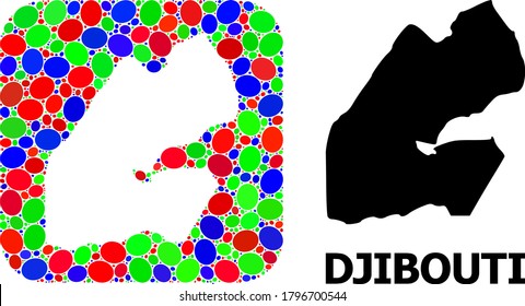 Vector mosaic and solid map of Djibouti. Bright geographic map created as stencil from rounded square with bright elliptic elements. Mosaic map of Djibouti created with ovals in various sizes.