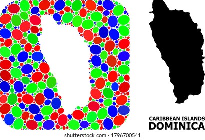 Vector mosaic and solid map of Dominica Island. Bright geographic map constructed as carved shape from rounded square with bright ovals.