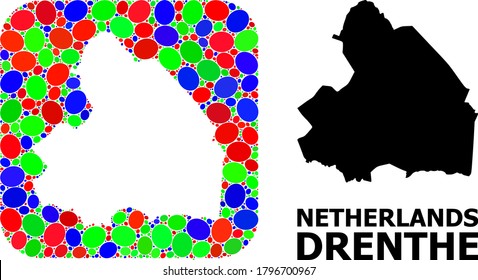 Vector mosaic and solid map of Drenthe Province. Bright geographic map created as stencil from rounded square with bright elliptic elements.