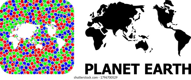 Vector mosaic and solid map of Earth. Bright geographic map designed as carved shape from rounded square with bright ovals. Mosaic map of Earth formed with elliptic elements in variable sizes.