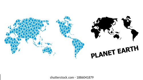 Vector mosaic and solid map of Earth. Map of Earth vector mosaic for pure water ads. Map of Earth is composed with blue pure liquid dews. Symbol for clear drinking water.