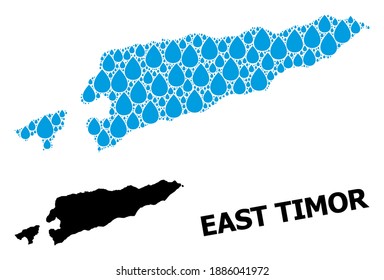Vector mosaic and solid map of East Timor. Map of East Timor vector mosaic for drinking water ads. Map of East Timor is designed with blue drinking aqua tears. Symbol of natural drinking water.