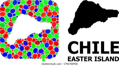 Vector mosaic and solid map of Easter Island. Bright geographic map created as carved shape from rounded square with bright ellipses.