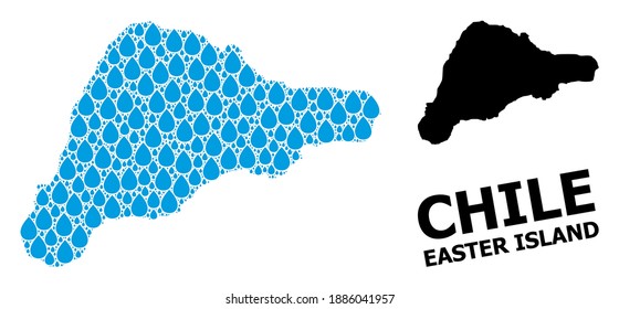 Vector mosaic and solid map of Easter Island. Map of Easter Island vector mosaic for drinking water ads. Map of Easter Island is designed from blue drinking water raindrops.