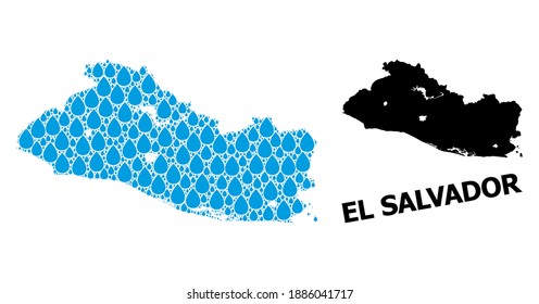 Vector mosaic and solid map of El Salvador. Map of El Salvador vector mosaic for drinking water ads. Map of El Salvador is created with blue clear water drops. Symbol of clear drinking water.