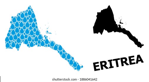Vector mosaic and solid map of Eritrea. Map of Eritrea vector mosaic for drinking water ads. Map of Eritrea is composed with blue clear aqua dews. Symbol for clear drinking water.