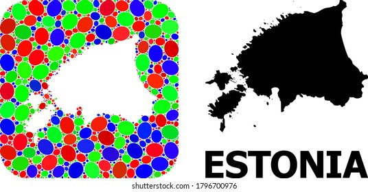 Vector mosaic and solid map of Estonia. Bright geographic map constructed as subtraction from rounded square with bright elliptic elements.