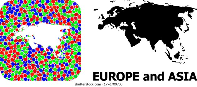 Vector mosaic and solid map of Europe and Asia. Bright geographic map constructed as stencil from rounded square with bright ellipses.