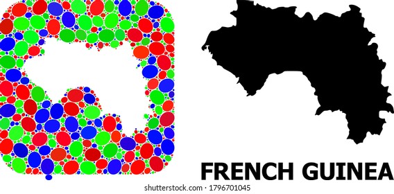 Vector mosaic and solid map of French Guinea. Bright geographic map created as hole from rounded square with bright elliptic elements.