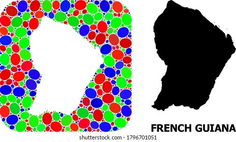 Vector mosaic and solid map of French Guiana. Bright geographic map designed as hole from rounded square with bright elliptic elements.