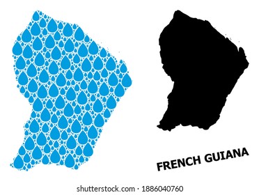 Vector mosaic and solid map of French Guiana. Map of French Guiana vector mosaic for clean water ads. Map of French Guiana is composed with blue clean water dews. Symbol of clean drinking water.