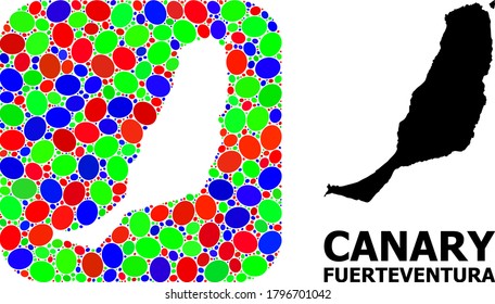 Vector mosaic and solid map of Fuerteventura Island. Bright geographic map designed as carved shape from rounded square with bright elliptic elements.