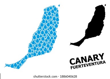Mosaico vectorial y mapa sólido de la isla de Fuerteventura. Mapa del mosaico vectorial de la isla de Fuerteventura para anuncios de agua potable. El mapa de la isla de Fuerteventura está diseñado con gotas de lluvia azules y limpias.