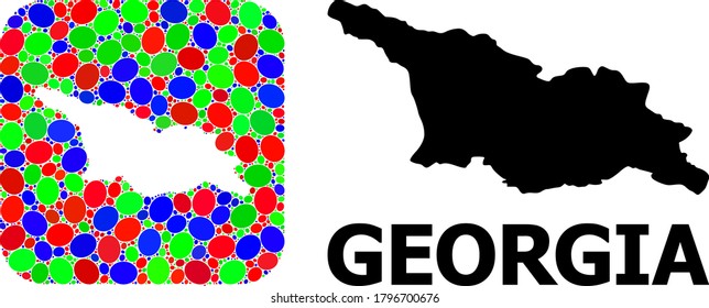 Vector mosaic and solid map of Georgia. Bright geographic map created as stencil from rounded square with bright elliptic elements.