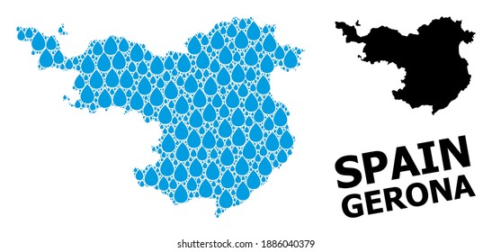 Vector mosaic and solid map of Gerona Province. Map of Gerona Province vector mosaic for drinking water ads. Map of Gerona Province is formed from blue pure liquid raindrops.