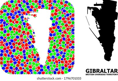 Vector mosaic and solid map of Gibraltar. Bright geographic map created as stencil from rounded square with bright elliptic elements.