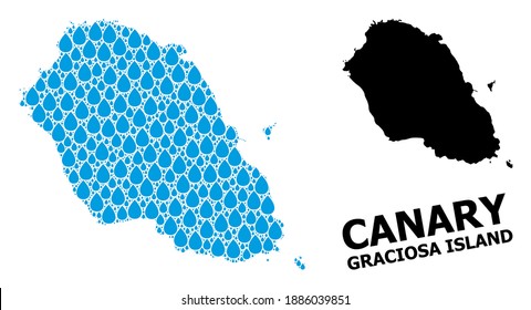 Vector mosaic and solid map of Graciosa Island. Map of Graciosa Island vector mosaic for pure water ads. Map of Graciosa Island is designed with blue drinking water tears.