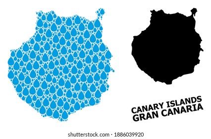 Vector mosaic and solid map of Gran Canaria. Map of Gran Canaria vector mosaic for drinking water ads. Map of Gran Canaria is designed from blue drinking water raindrops.