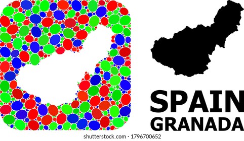 Vector mosaic and solid map of Granada Province. Bright geographic map created as subtraction from rounded square with bright ellipses.