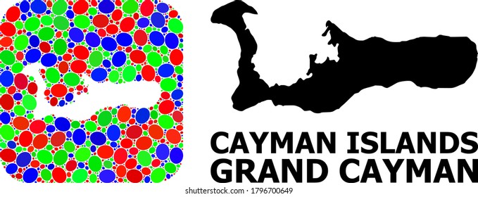 Vector mosaic and solid map of Grand Cayman Island. Bright geographic map constructed as subtraction from rounded square with bright ellipses.
