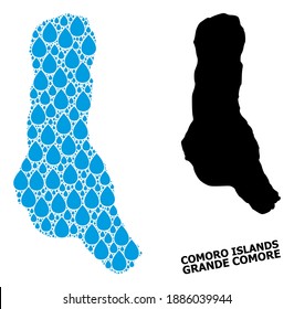 Vector mosaic and solid map of Grande Comore Island. Map of Grande Comore Island vector mosaic for drinking water ads. Map of Grande Comore Island is created with blue drinking aqua raindrops.