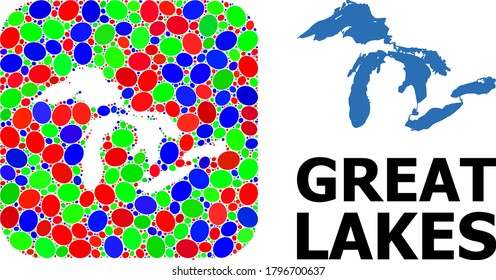 Vector mosaic and solid map of Great Lakes. Bright geographic map designed as stencil from rounded square with bright ellipses.