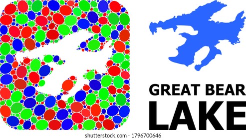 Vector mosaic and solid map of Great Bear Lake. Bright geographic map designed as carved shape from rounded square with bright elliptic elements.