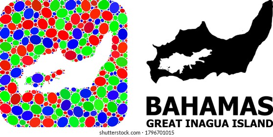 Vector mosaic and solid map of Great Inagua Island. Bright geographic map created as stencil from rounded square with bright elliptic elements.
