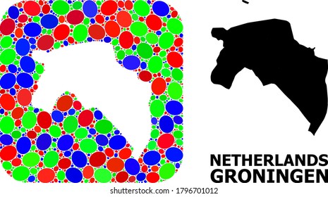 Vector mosaic and solid map of Groningen Province. Bright geographic map constructed as carved shape from rounded square with bright elliptic elements.