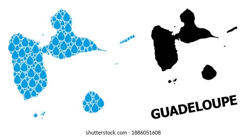 Vector mosaic and solid map of Guadeloupe. Map of Guadeloupe vector mosaic for clean water ads. Map of Guadeloupe is created with blue clean water drops. Symbol for clean drinking water.