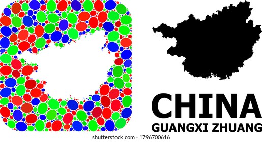 Vector mosaic and solid map of Guangxi Zhuang Region. Bright geographic map designed as stencil from rounded square with bright elliptic elements.