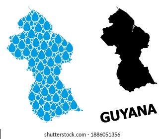 Vector mosaic and solid map of Guyana. Map of Guyana vector mosaic for drinking water ads. Map of Guyana is created with blue drinking water tears. Symbol of clean drinking water.