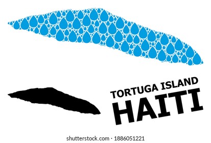 Vector mosaic and solid map of Haiti Tortuga Island. Map of Haiti Tortuga Island vector mosaic for drinking water ads. Map of Haiti Tortuga Island is composed with blue clean aqua dews.