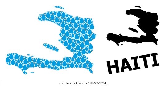 Vector mosaic and solid map of Haiti. Map of Haiti vector mosaic for pure water ads. Map of Haiti is formed with blue drinking liquid drops. Symbol of pure drinking water.