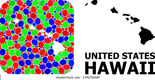 Vector mosaic and solid map of Hawaii State. Bright geographic map created as stencil from rounded square with bright elliptic elements.