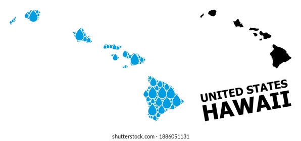 Vector mosaic and solid map of Hawaii State. Map of Hawaii State vector mosaic for clean water ads. Map of Hawaii State is composed with blue drinking water raindrops. Symbol for pure drinking water.