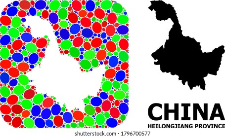 Vector mosaic and solid map of Heilongjiang Province. Bright geographic map designed as carved shape from rounded square with bright elliptic elements.