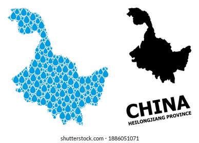 Vector mosaic and solid map of Heilongjiang Province. Map of Heilongjiang Province vector mosaic for clean water ads. Map of Heilongjiang Province is formed with blue drinking water raindrops.