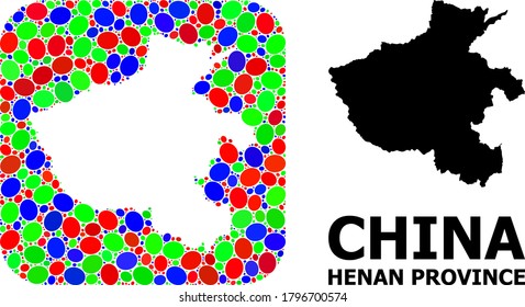 Vector mosaic and solid map of Henan Province. Bright geographic map designed as carved shape from rounded square with bright ovals. Mosaic map of Henan Province designed with ovals in various sizes.