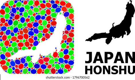 Vector mosaic and solid map of Honshu Island. Bright geographic map created as carved shape from rounded square with bright ellipses. Mosaic map of Honshu Island formed with ellipses in various sizes.