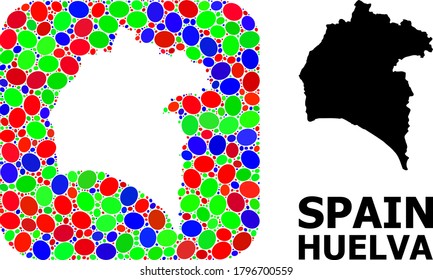 Vector mosaic and solid map of Huelva Province. Bright geographic map designed as subtraction from rounded square with bright ovals.