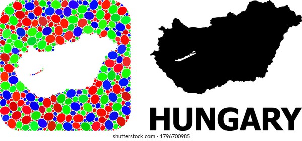 Vector mosaic and solid map of Hungary. Bright geographic map constructed as carved shape from rounded square with bright elliptic elements.