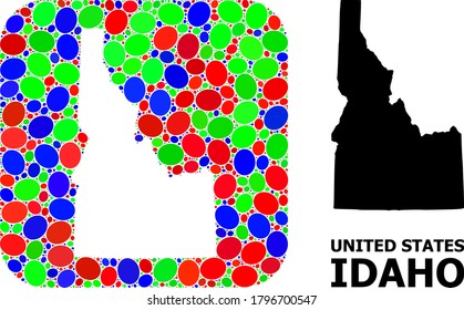 Vector mosaic and solid map of Idaho State. Bright geographic map created as subtraction from rounded square with bright elliptic elements.